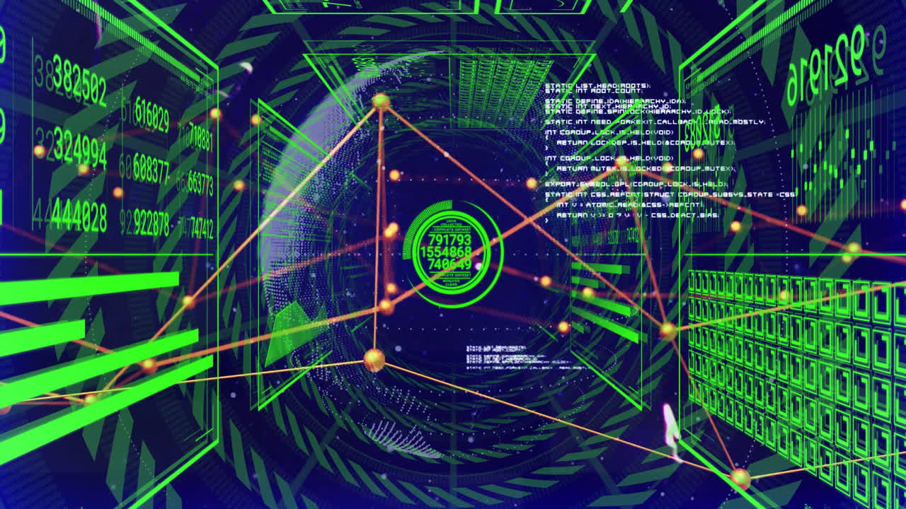 Glowing green data and network connections in futuristic digital animation interface
