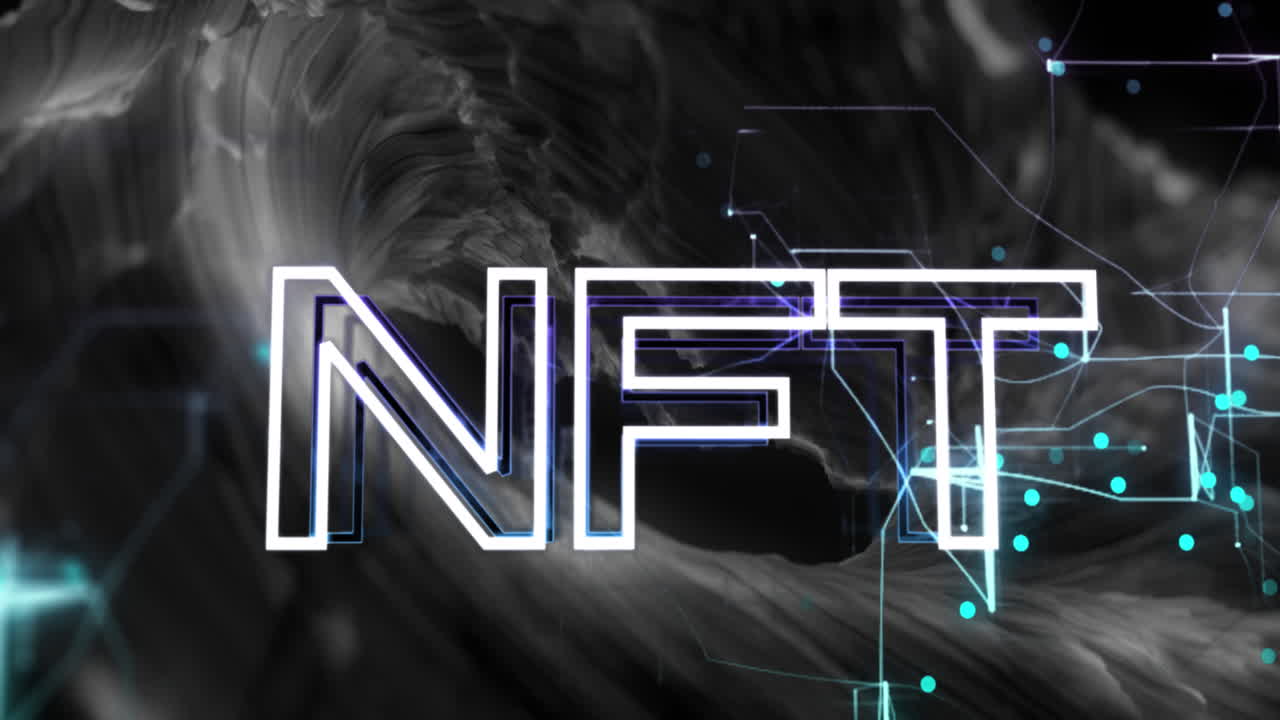 Animation af NFT-tekst og finansiel databehandling over metaverse