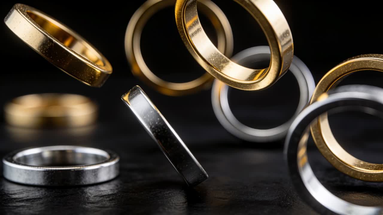Shifting metal rings tilting, rotating on dark table, studio lights causing silver ring centering