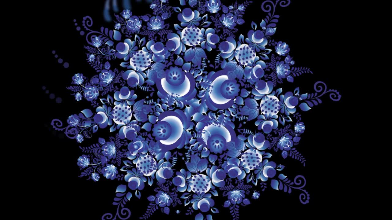 Animation of Colorful Flowers on Black Background. Seamless Loops. Ornament animation