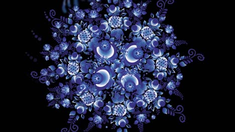 animation of colorful flowers on black background. seamless loops. ornament animation