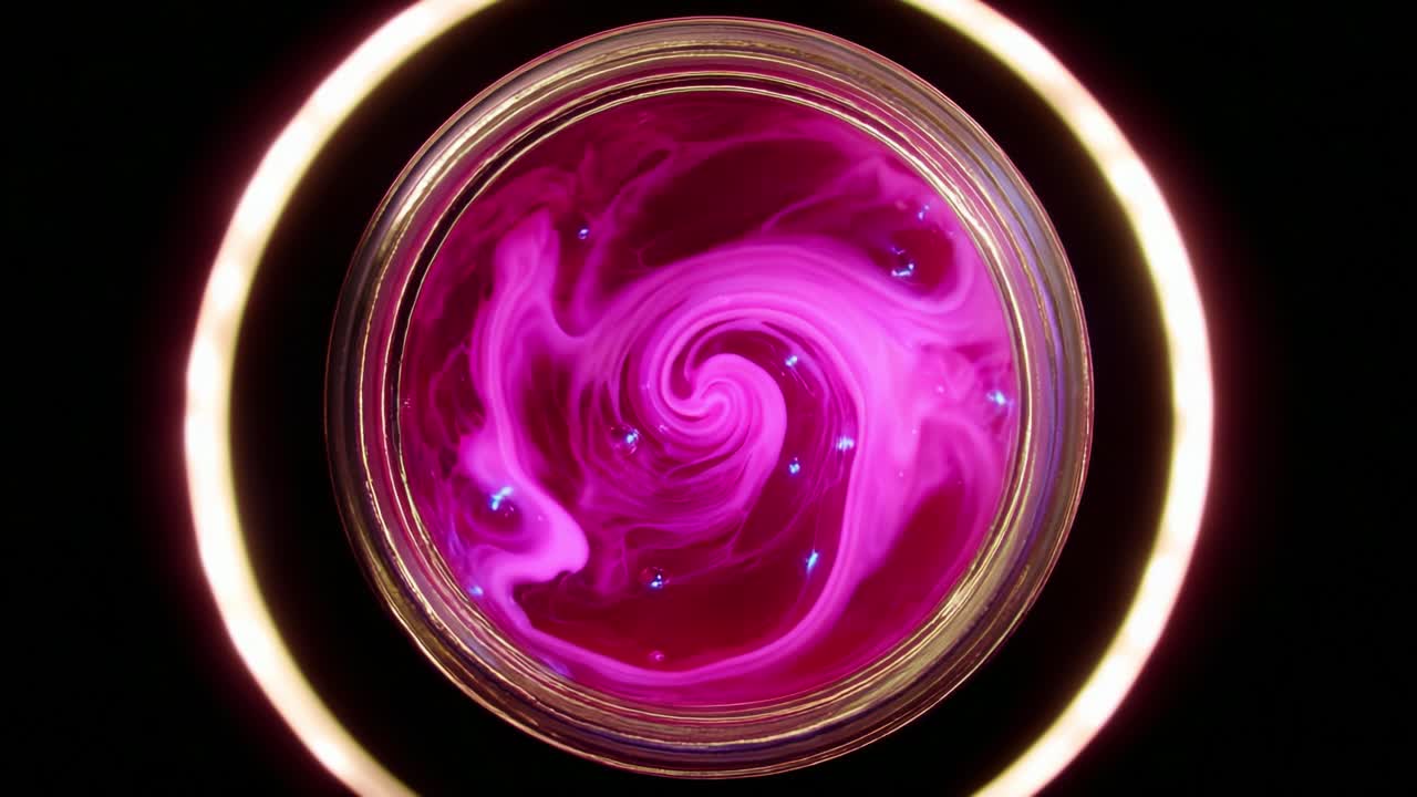 A mesmerizing view into a swirling mixture of vibrant pink hues and luminous orbs, captured from above, revealing the beauty and fluidity of the liquid as it dances within a glass jar against a dark backdrop