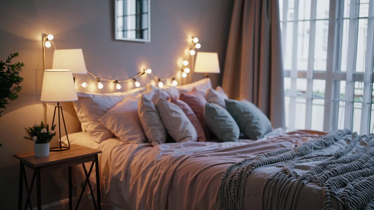 Cozy bedroom with soft lighting and string lights, captured from a side angle
