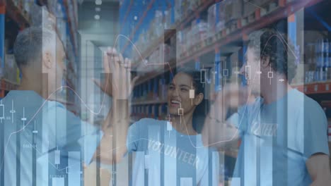 animation of statistics and financial data processing over people high fiving in warehouse