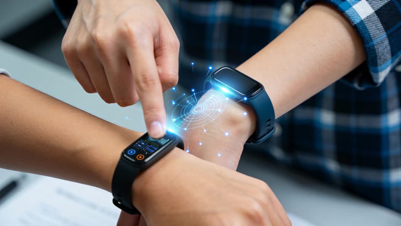 Blue particles forming, pair plaid, gray-sleeved touching wearables at table, sharing via hologram
