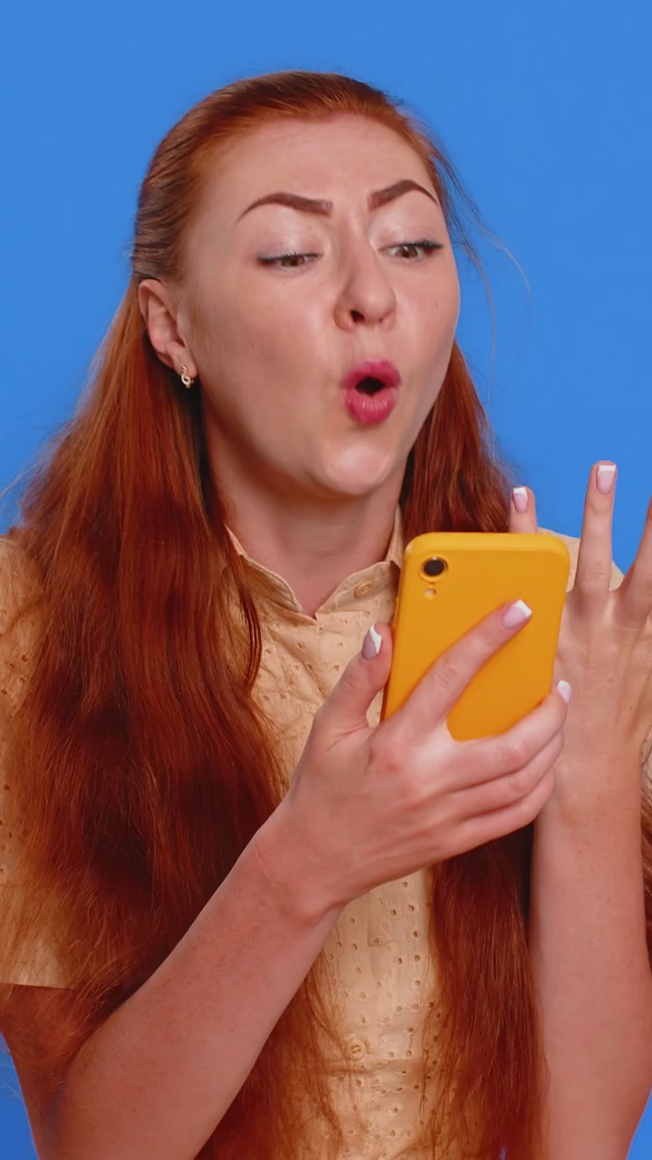 Woman use smartphone typing browsing loses becoming surprised sudden lottery result bad fortune