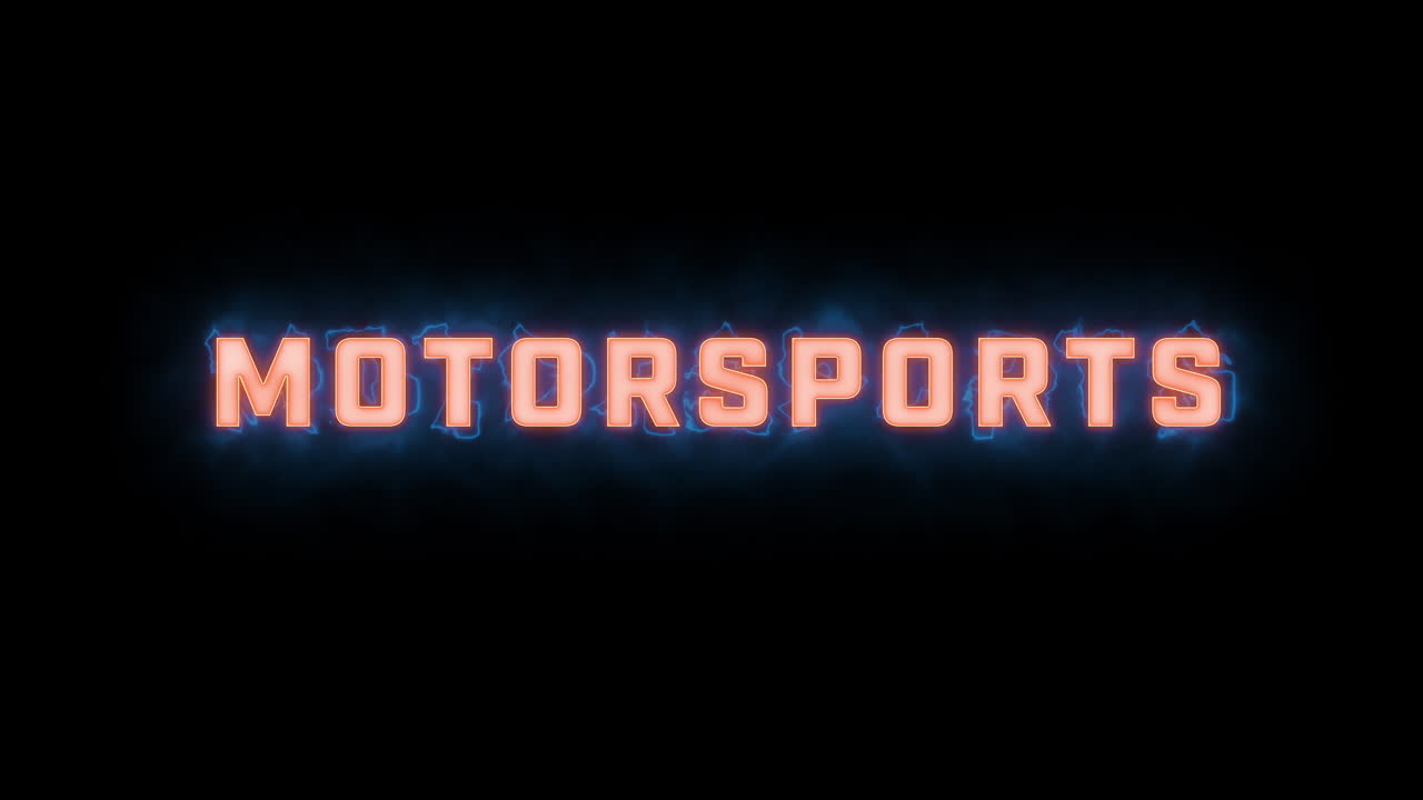 una breve revelación tipográfica en movimiento de alta calidad de las palabras "deportes automovilísticos" con varias opciones de colores sobre un fondo negro, animada dentro y fuera con elementos eléctricos y brumosos