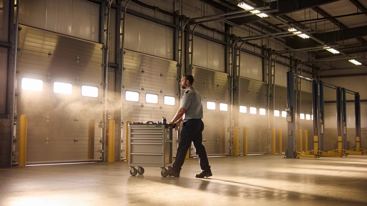 Walking mechanic in uniform pushing tool chest across garage to vehicle lifts for repair