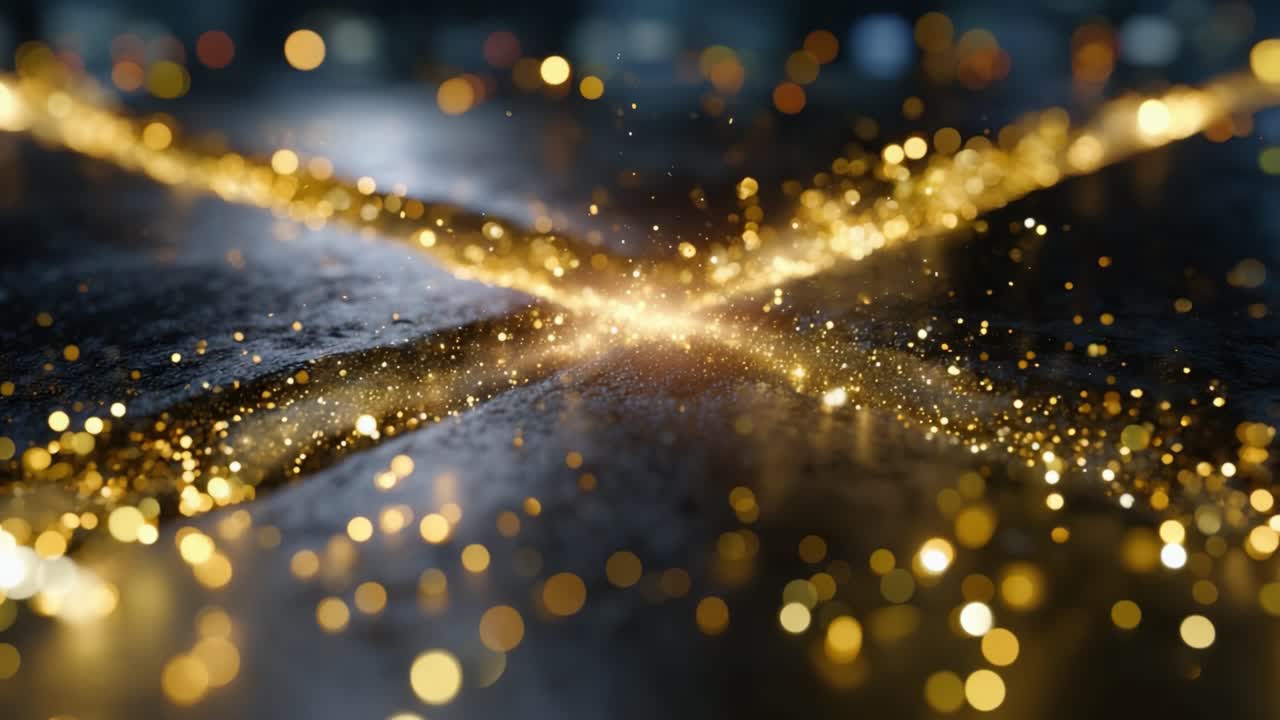 Una straordinaria rappresentazione di particelle dorate e luce scintillante che creano un vivace motivo a croce su una superficie scura in un'esperienza visiva accattivante