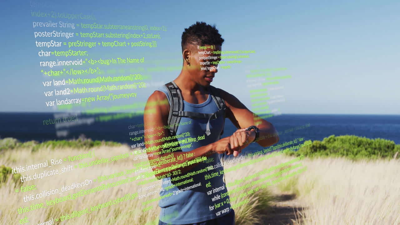 Hiker checking smartwatch on coastal dune path, featuring wearable tech code overlays for fitness