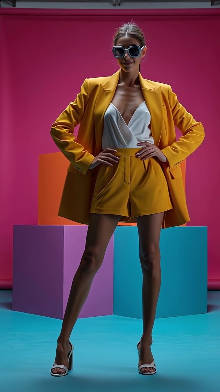 Fashionable young woman in a yellow suit and sunglasses posing against a colorful geometric backdrop
