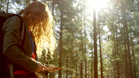 woman looking at map in the forest 4k