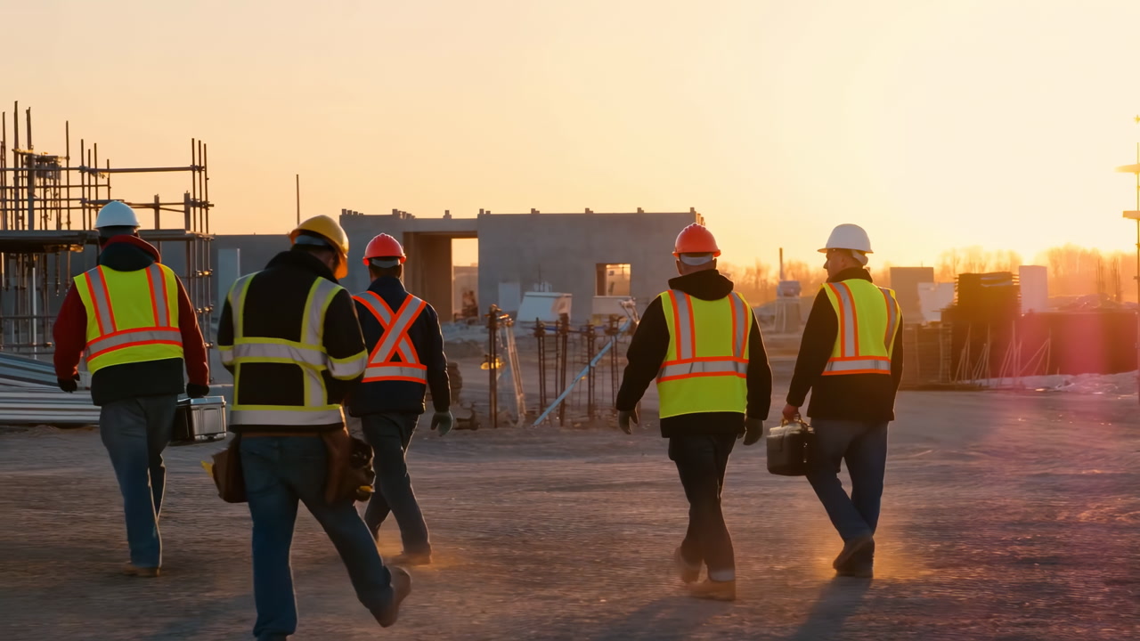 Construction Workers Walking At Sunrise On Urban Construction Site During Golden Hour, Foreman Leading Crew
