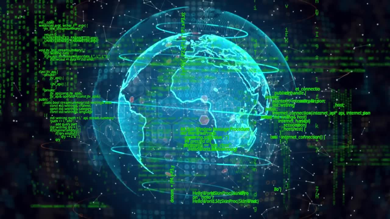 Animation of computer language over pricing strategy and icons on globe against connected dots