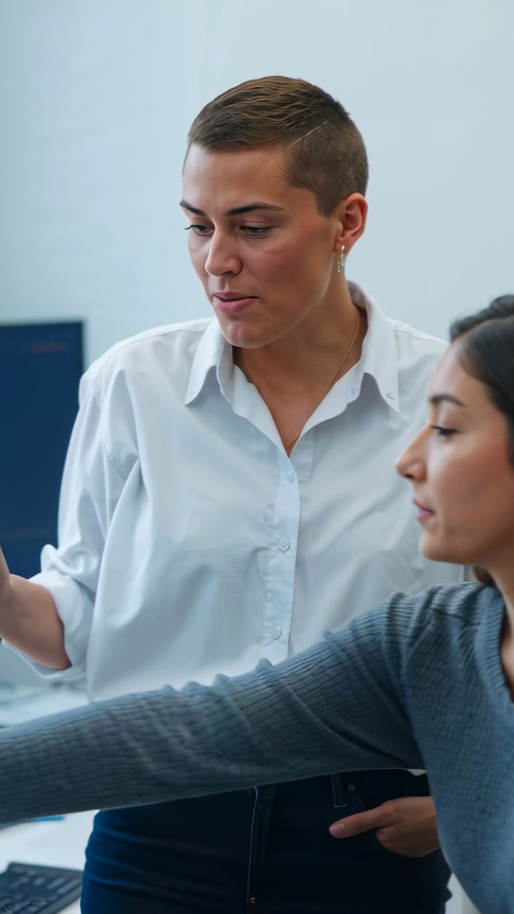 Vertical video: Reaching monitor, standing woman white shirt pointing and guiding coworker at desk