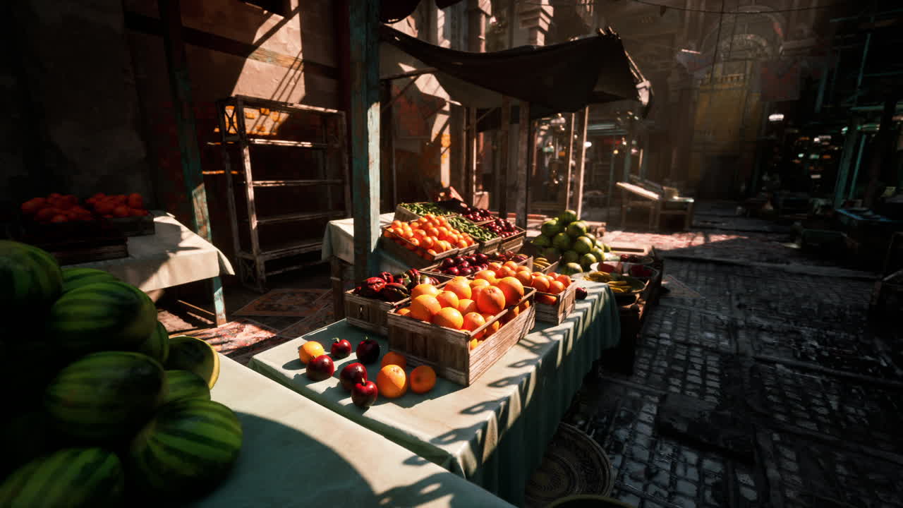 Bancarella colorata del mercato piena di frutta fresca in una giornata di sole.