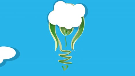 animación de una bombilla de planta verde en el cielo azul y las nubes
