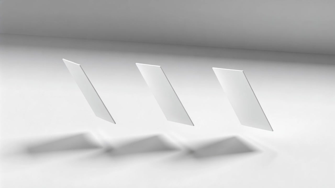 Starting sequence three white panels hovering tilting rotating above white stage to showcase motion