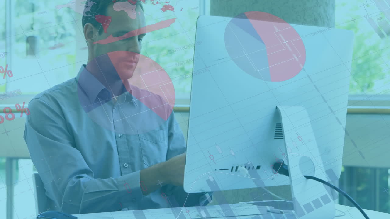 Animation of financial data processing over businessman working in office