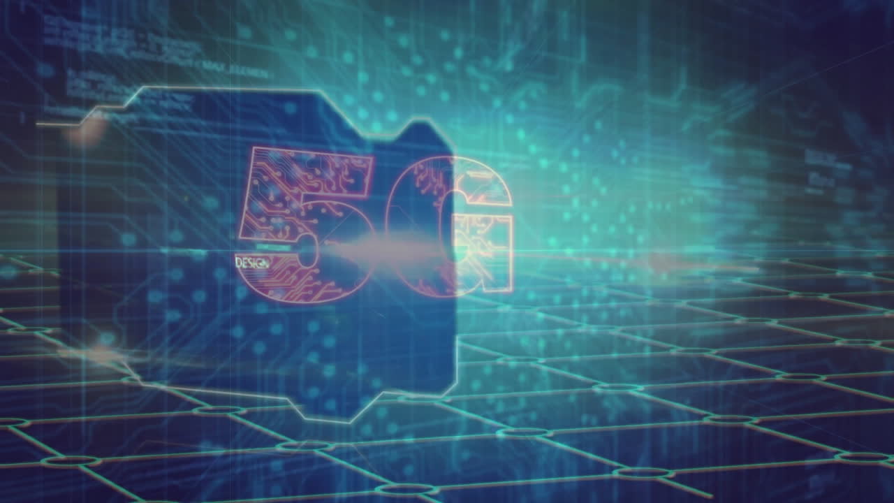 Digital folder labeled 5G Program over futuristic network grid animation