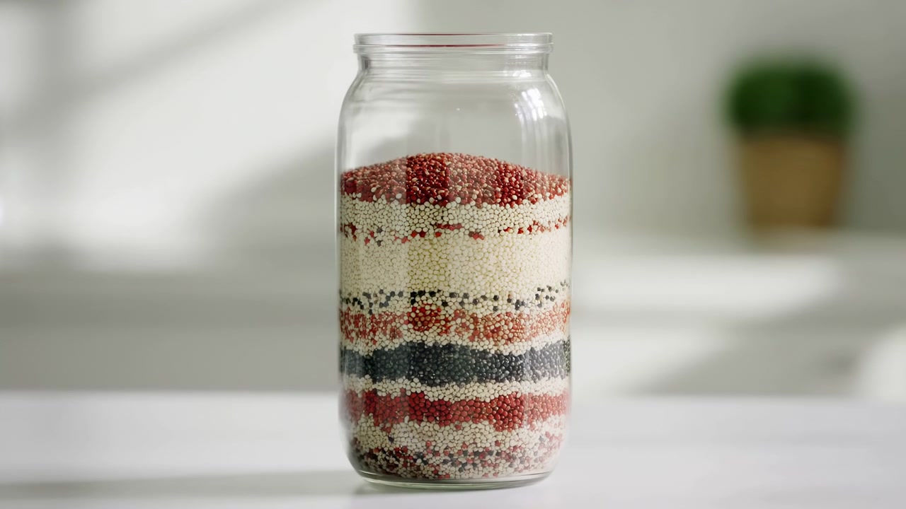 Stationary transparent container displays neatly separated bands of multicolored dry grains on a bright countertop, with gentle shadows, shallow focus, faucet blur, and small plant behind.