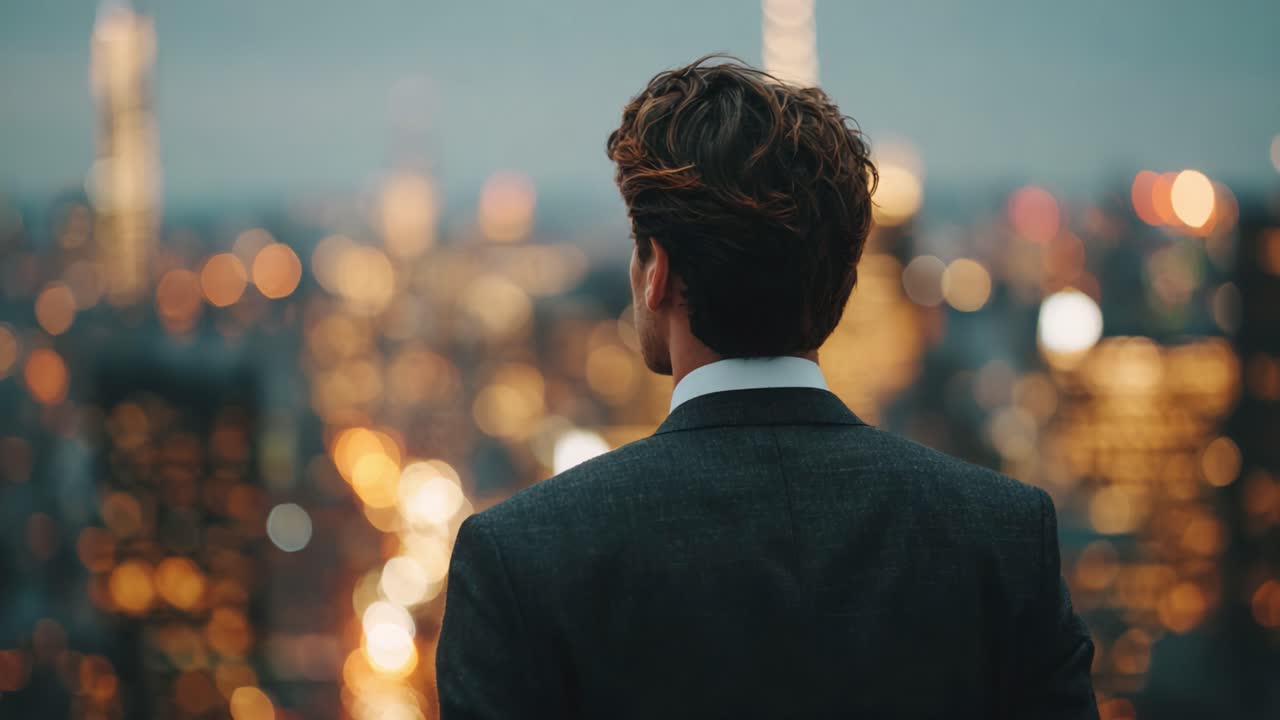 A Thoughtful Man Gazes at the City Lights, Immersed in Reflection Over a Vibrant Urban Landscape as Evening Sets in, Blending Ambition and Contemplation