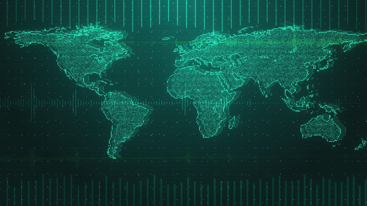 Animated digital map glowing data global network lines grid patterns pulses of tech signals for