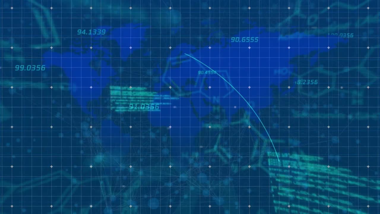 Animation of data processing over world map and molecular and chemical structures on blue background