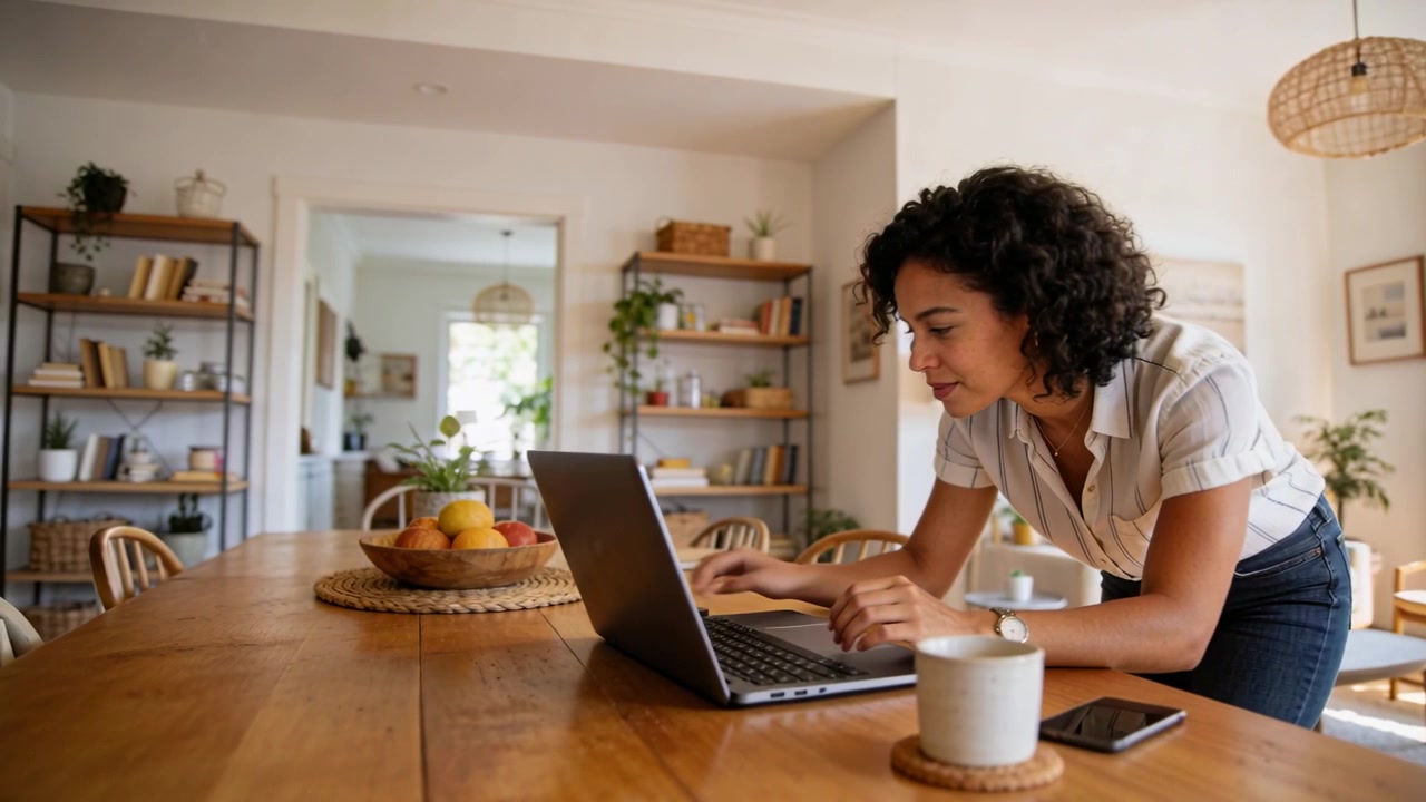 Approaching woman in white blouse leaning, typing on laptop at dining table, working, copy space