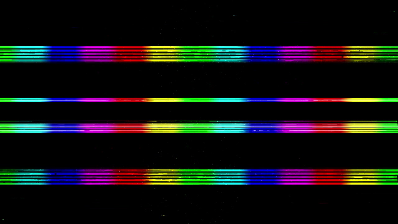 Blikající digitální glitch efekt s vodorovnými duhovými čarami