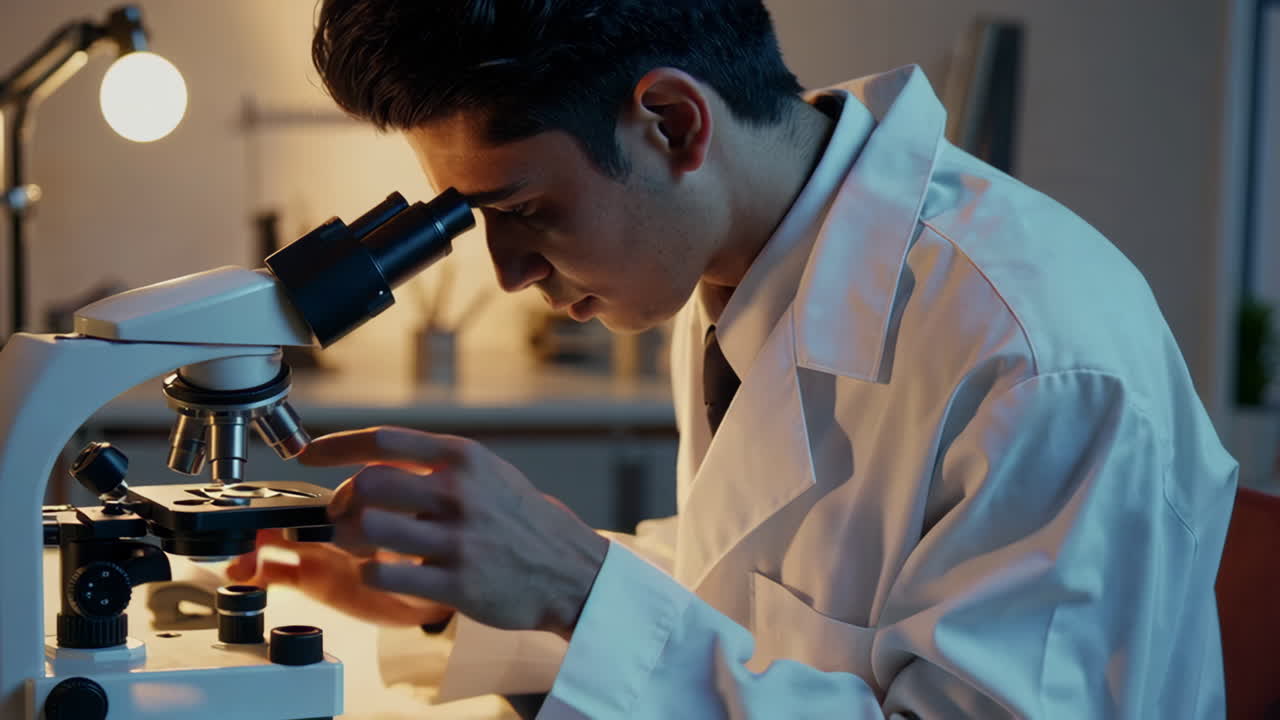 A young scientist or student examines samples with a microscope in a lab