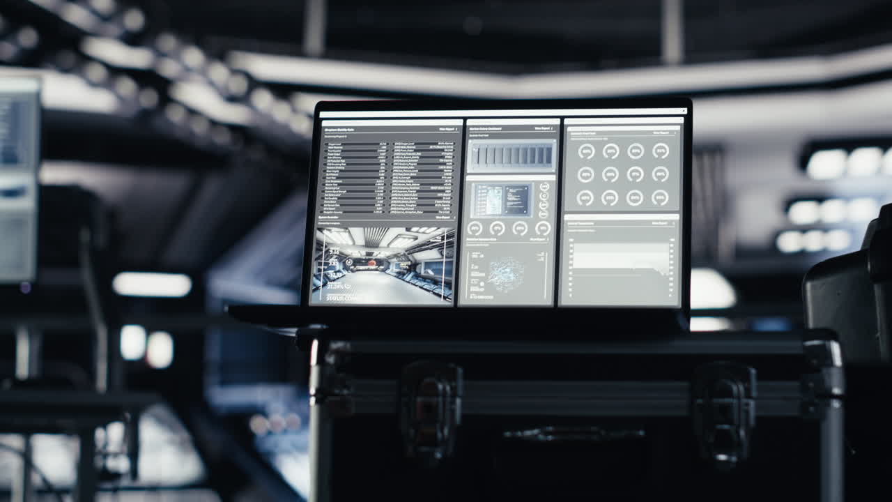 Laptop inside high tech spaceship control bay displaying diagnostics