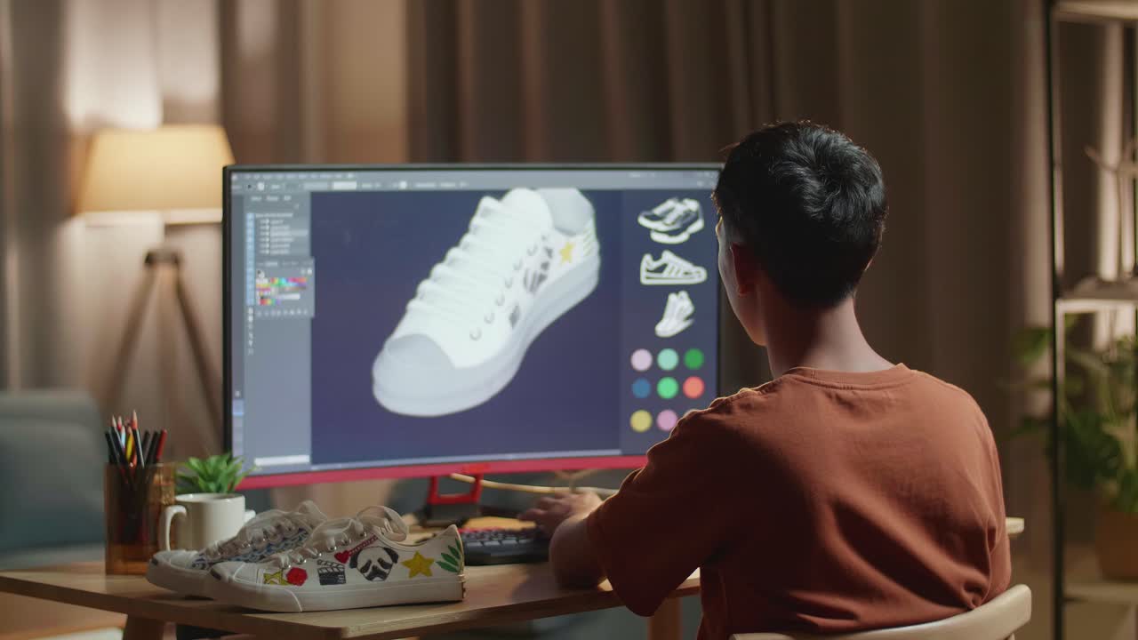 diseñador trabajando en el diseño de zapatos en casa