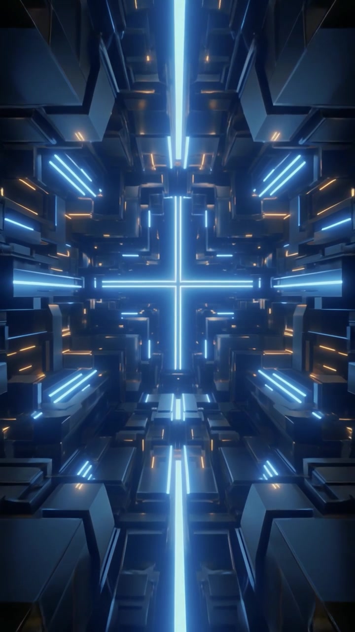 Futuristic Abstract Tunnel with Glowing Blue and Orange Lights
