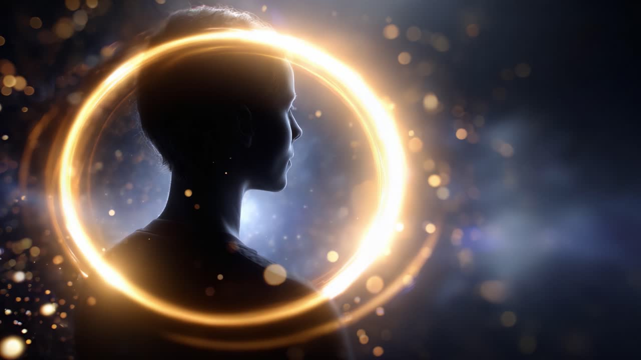A mesmerizing silhouette framed by a glowing halo of light and sparkles, creating an ethereal atmosphere that captivates the viewer's imagination and curiosity