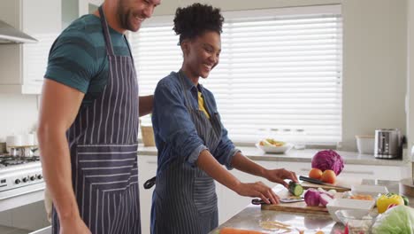 video of happy diverse couple preparing meal, cutting vegetables in kitchen