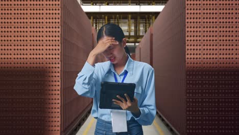 asian female with her tablet with red brick packed in stacks are stored, she is nodding her shead with dissapionted
