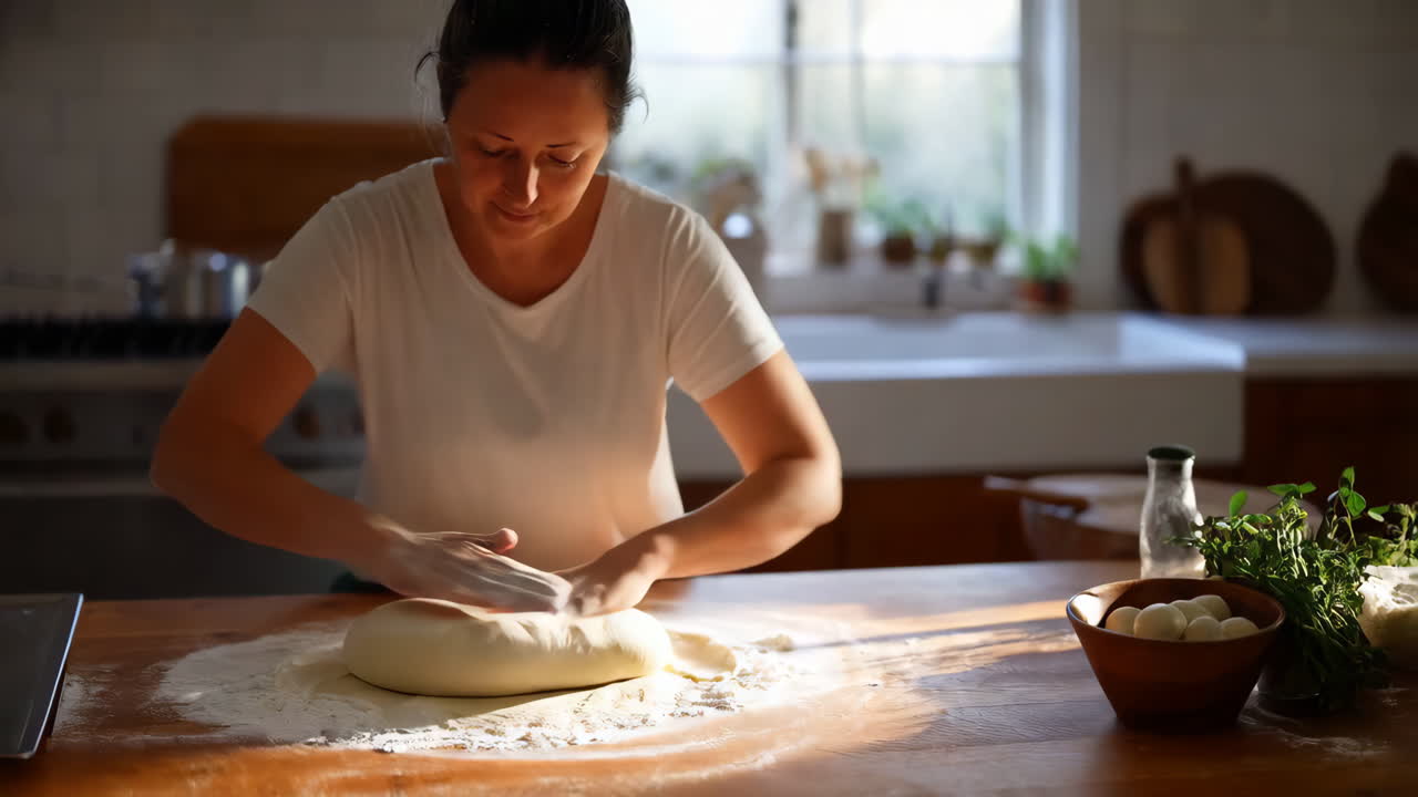 Woman Kneading Dough in a Home Kitchen