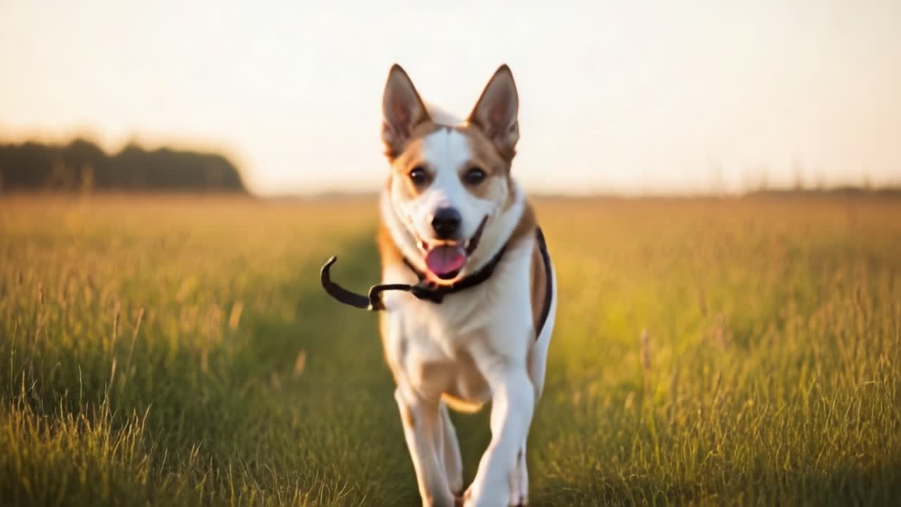 A joyful dog runs energetically through a sunlit field, embodying the essence of playfulness and freedom in this serene outdoor setting, with spectacular natural scenery surrounding it