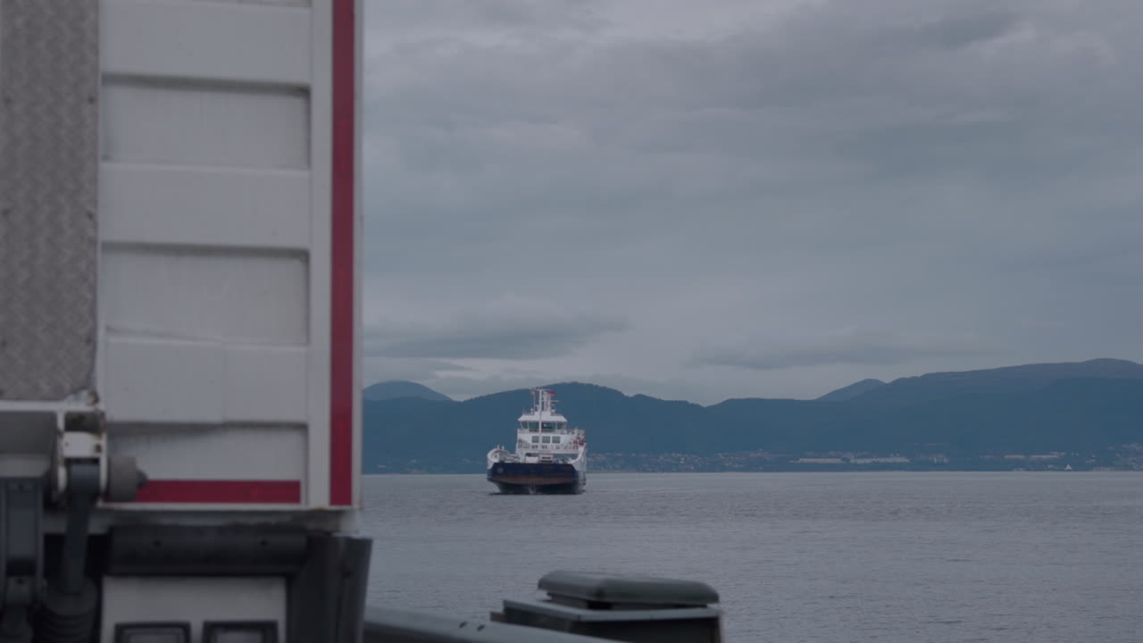 A distand ferry is docking