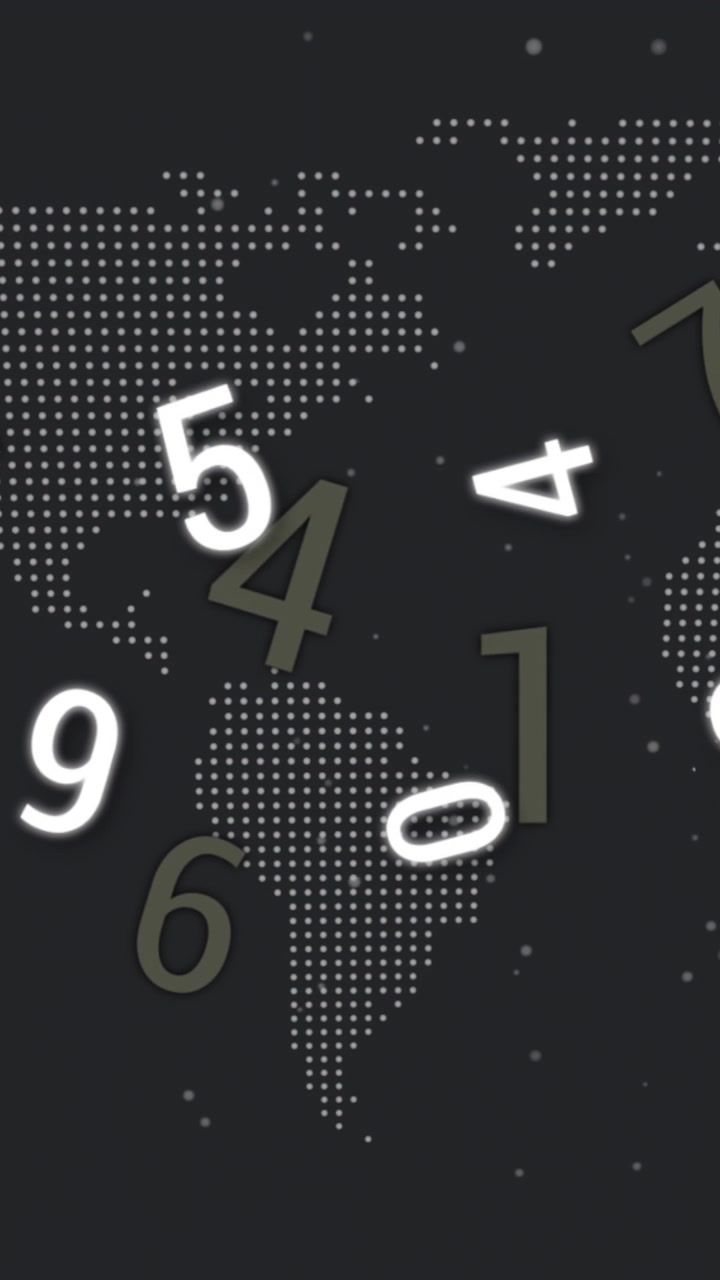 Animaatio leijuvista numeroista maailmankartan päällä digitaalisella pistekuvioisella taustalla.