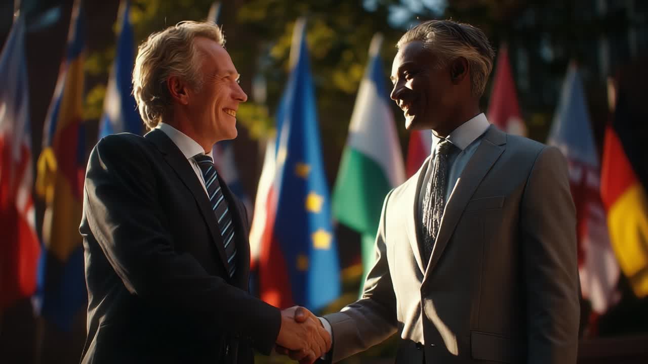 Businessmen Shaking Hands in Front of International Flags