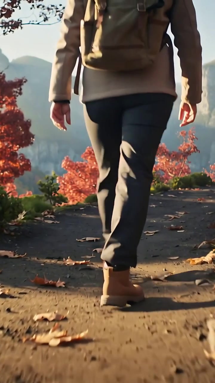 Vertical video: Walking hiker in tan jacket carrying olive pack on leafy trail toward cliff vista