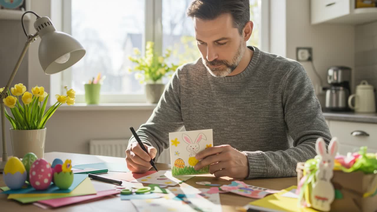 A Joyful Man Engaging in Creative Crafting at Home, Delicately Illustrating Easter Cards Amidst Colorful Decor and Bright Spring Flowers