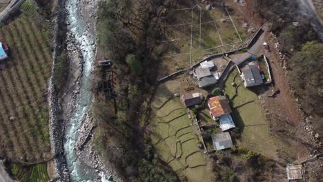 scenic-s-shape-river-footage-landscape-forest-nature-rotating-aerial-shot-Birdseye-countryside-life-rural-region-in-Iran-village-life-local-farmer-family-live-with-animal-livestock-grazing-in-land