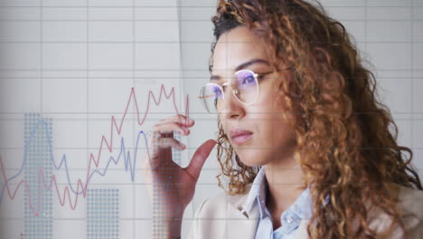 animación del procesamiento de datos financieros sobre una mujer de negocios caucásica en el cargo
