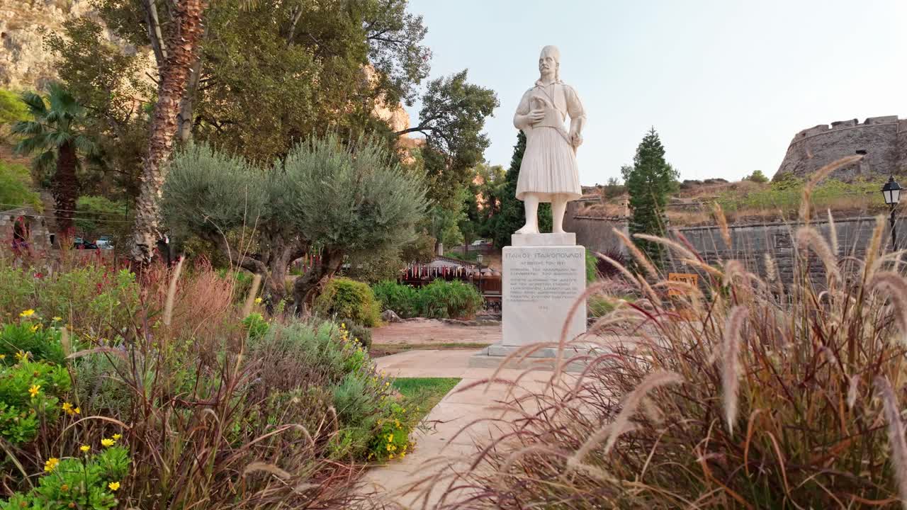 Marble Statue of Staikos Staikopoulos Greek revolutionary hero below Palamidi fortress