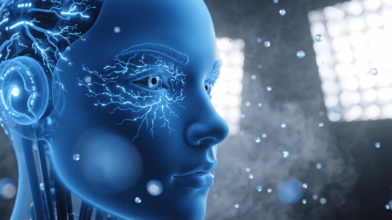 Un primo piano di un umanoide AI avanzato con energia elettrica che scorre, che rappresenta il futuro della robotica, della tecnologia e dell'intelligenza artificiale