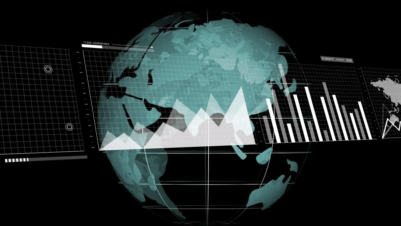 Animation of interface with statistical data processing over spinning globe against black background