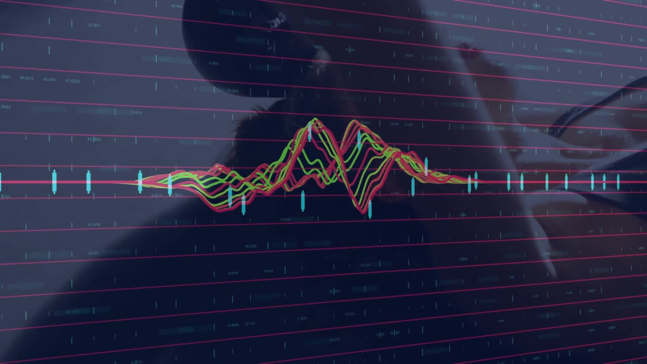 Woman wearing VR headset turning head toward colorful technology line graph with teal bar markers